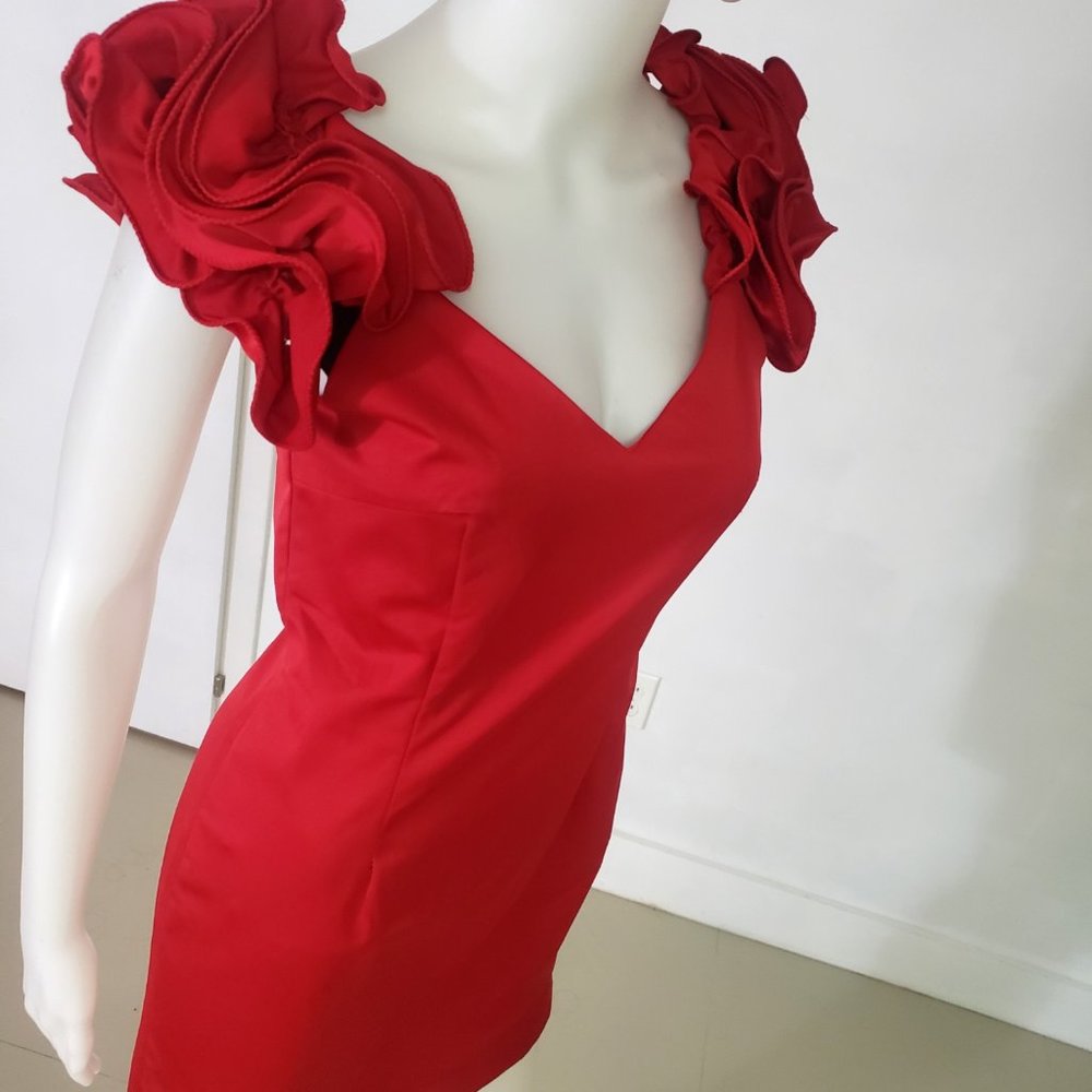 Sexy Slim Satin Red Dress Cocktail Flower Ruflles